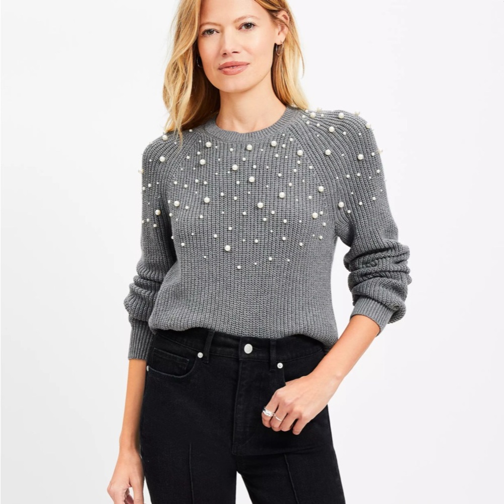 LOFT Charcoal Pearl-Studded Sweater